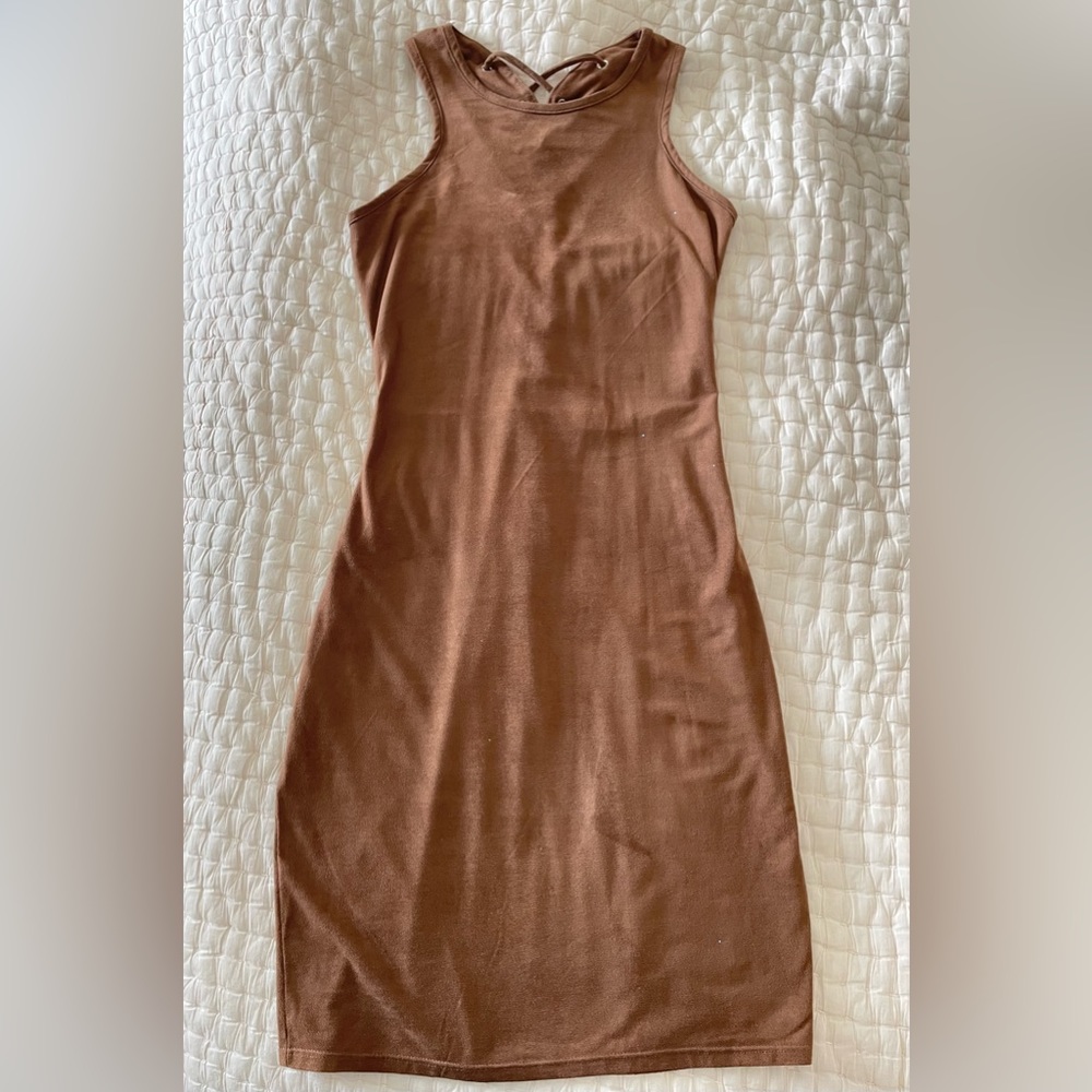 Chic Brown Suede Mini Dress with Back Tie Detail Size XS